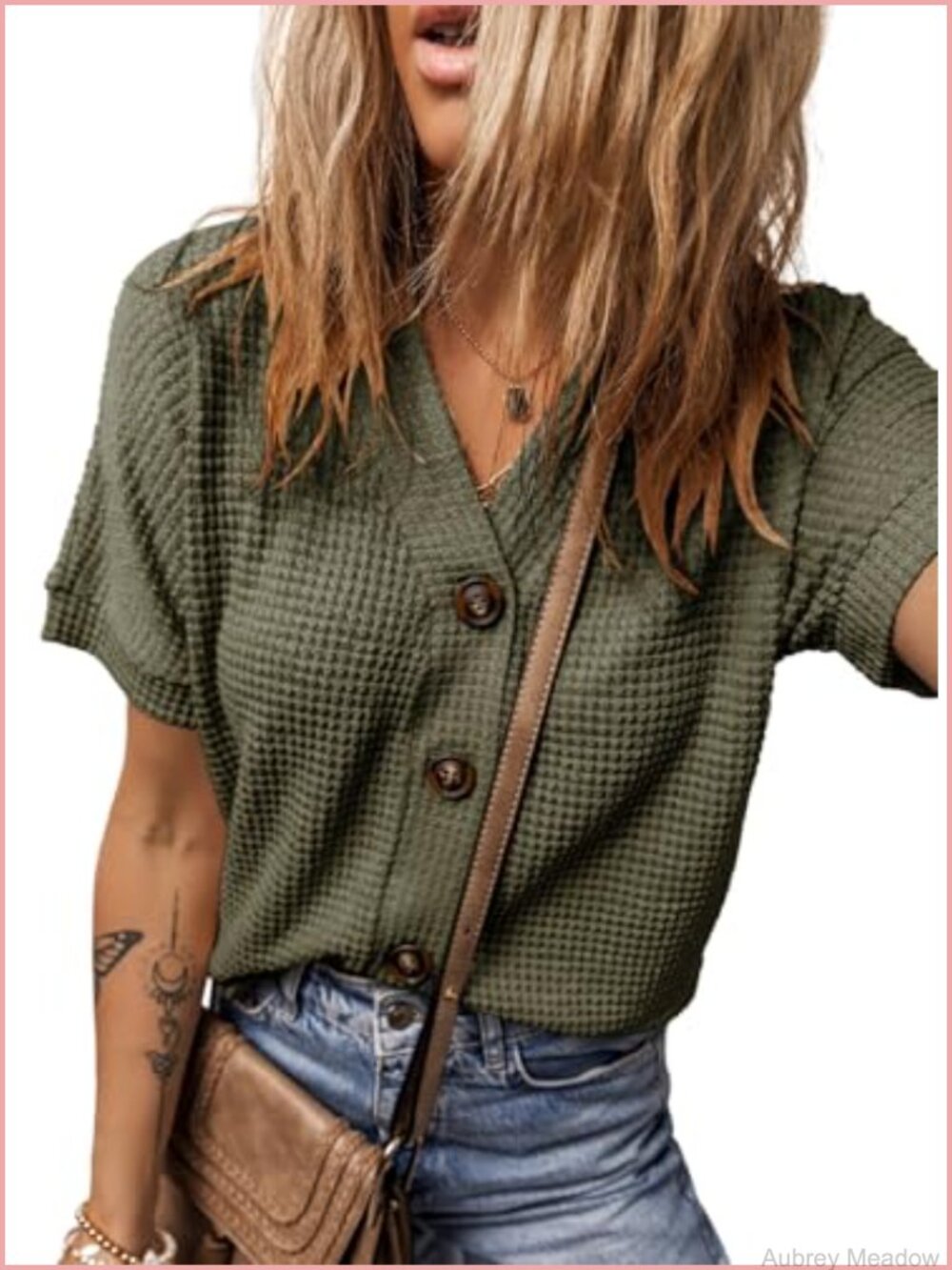 Waffle Knit Cardigan Women Summer Short Sleeve V-Neck Button Down Stretchy